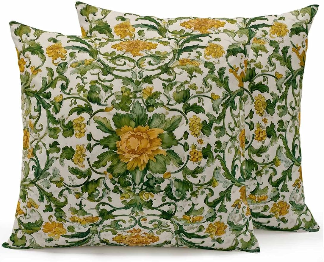 Outdoor Pillows with Inserts Set of 2 16x16, Yellow Green Boho Waterproof Outdoor/Indoor Throw Pillows, Classic Floral Farmhouse Botanical Decorative Pillow for Bed Couch Sofa Patio Furniture
