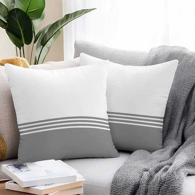 Throw Pillow Covers 26x26 Inch Set of 2, Grey White Striped Waterproof Outdoor Cushion Covers, Modern Abstract Art Aesthetics Decorative Pillowcases for Couch, Sofa, Bed, Garden, Patio