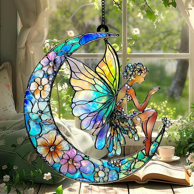 Floral Moon Fairy Acrylic Suncatcher, Boho Suncatchers for Window Hanging Ornament, Stained Glass Effect Art Garden Decor for Lover, Gifts for Mother's Day, Mom, Grandma, Wife, Women, Nana