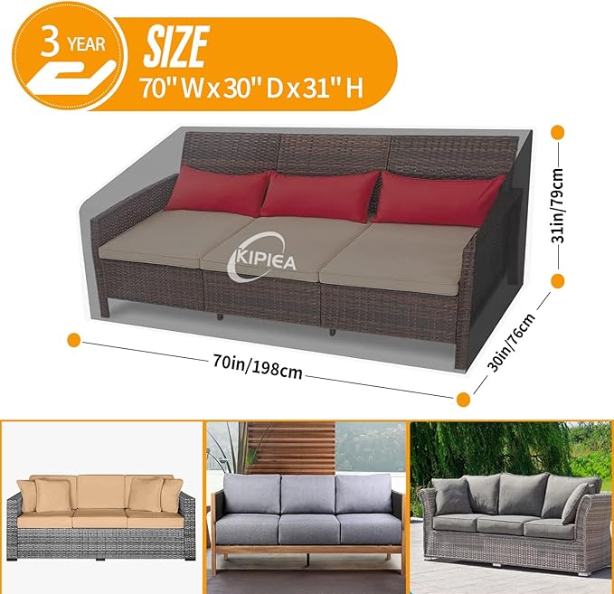 Kipiea Patio Sofa Cover, Heavy Duty Outdoor Couch Covers Waterproof Winter, 2-Seat Patio Furniture Cover Loveseat, Outdoor Sofa Covers with Anti UV and No Tears, No Fading (70"W x 30"D x 31"H)