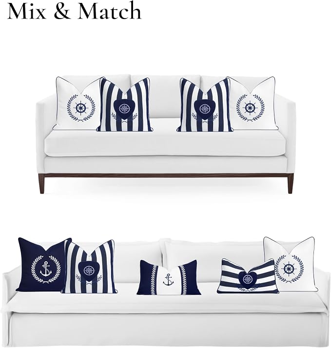Hofdeco Premium Coastal Patio Indoor Outdoor Throw Pillow Cover Only, 18"x18" Water Repellent, UV and Fade Resistant for Backyard, Couch, Poolside, Navy Blue Embroidered Nautical Yacht Stripe