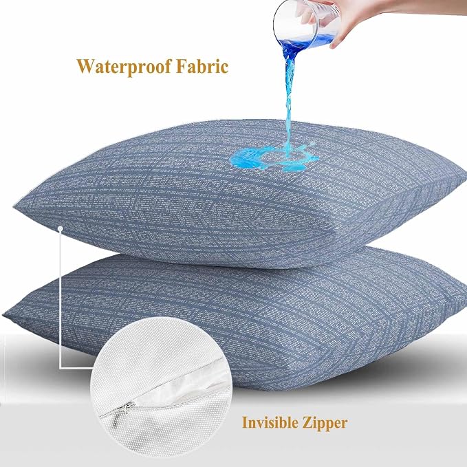 Outdoor Waterproof Throw Pillow Covers Set of 2 Blue Stripes Grain Pillowcases 24x24 Inches Solid Color Decorative Pillows Cushion Case Patio Pillows for Couch Bed Chair Garden