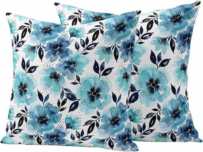 Botanical Floral Leaves Outdoor Pillow Covers 18"x18" Set of 2, Watercolor Painting Blue Gradient Blooms Waterproof Throw Pillow Covers for Patio Furniture, Decorative Cushion Covers for Porch