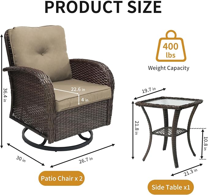 YLGJ&TIDY Outdoor Furniture Swivel Rocker Chairs 3PC Bistro Set 2 Brown Wicker Patio Glider Armchairs with Side Table Cushions Rocking Sofa for Porch Balcony Backyard Deck (Khaki, 3PCS Swivel/Table)