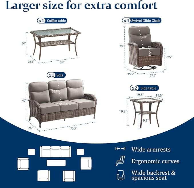 Outdoor Swivel Rocking Chair Patio Set (8-Piece), High-Back - Thick Cushion Swivel Rocking Chair Patio Set, All-Weather Wicker Patio Furniture Set, Suitable for Balcony Patios, Brown/Gery