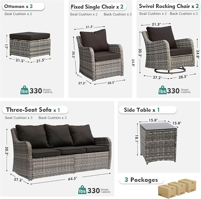 MEISSALIVVE 8 Pieces Patio Furniture Set with Swivel Chair, Wicker Patio Sofa, Rattan Conversation Set with Three-seat Sofa, 2 Fixed Single Chair for Lawn Backyard (Black)