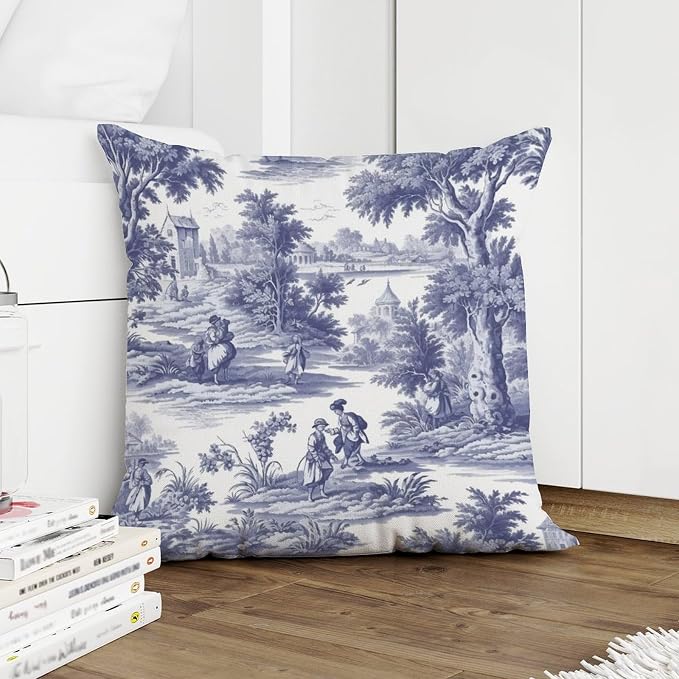 Navy White Blue Decorative Toile Print Cushion Cases French Charmed Life Toile Throw Pillow Cover Rustic Decorative Cushion Covers Home Decor for Patio Furniture Garden 22x22 in
