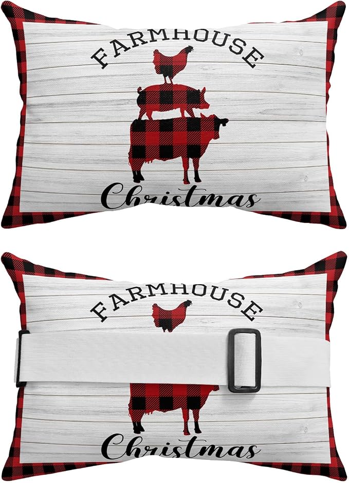 Outdoor Pillows Covers with Inserts Farmhouse Christmas Pig Cock Cow Buffalo Plaid Waterproof Pillow with Adjustable Strap Throw Pillows for Patio Furniture Recliner Lounge Chair, 11x16 inch, 2PCS