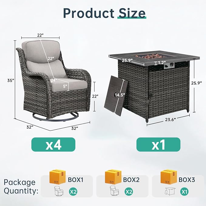 Outdoor Swivel Rocker Patio Chairs Set of 4 with Fire Table - 5" Thick Cushion 5 Piece Furniture Set with Fire Pit Table All Weather Wicker Conversation Set for Porch Deck - Gray/Beige
