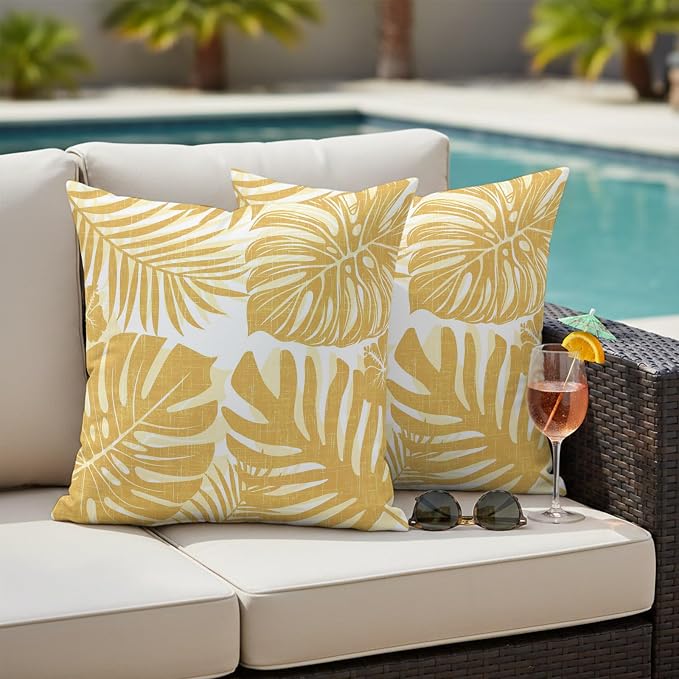 Yellow Palm Leaves Outdoor Pillow Covers 18"x18" Set of 2, Tropical Botanical Minimalist Modern Waterproof Throw Pillow Covers for Patio Furniture, Decorative Cushion Covers for Porch