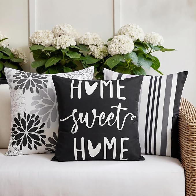 Adabana Outdoor Waterproof Floral Pillow Covers 18x18 Set of 4, Sweet Home | Waterproof Fabric Floral and Stripe Design for Patio, Couch, Garden Decor