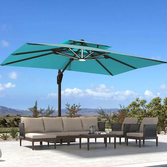 10' X 13' Patio Umbrella with Weighted Base and LED Lights Outdoor Cantilever Large Rectangle Offset Umbrellas Heavy Duty Aluminum Double Top with 360-degree Rotation for Pool Garden Deck, Turquoise