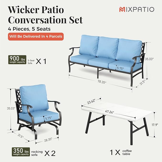 MIXPATIO Patio Furniture Set 4 pcs, Outdoor Patio Furniture, 3-Seat Sofa, 2 Rocking Chairs, Metal Coffee Table and 5.75" Extra Thick Cushion, Patio Conversation Set for Garden Backyard Deck,Blue