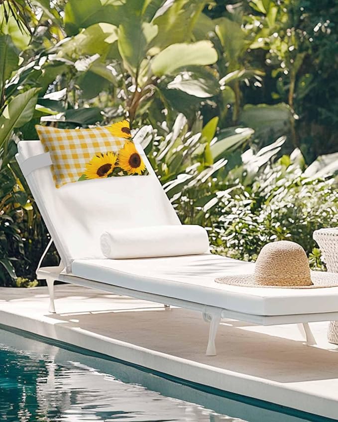 Outdoor Pillows Covers with Inserts Rustic Farm Sunflower Yellow Buffalo Plaid Waterproof Recliner Pillow with Adjustable Strap Throw Pillows for Patio Furniture Pool Lounge Chair, 11x16 inch, 1PCS