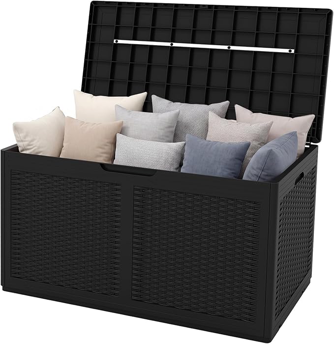 HAPPYGRILL 100 Gallon Resin Deck Box Outdoor Waterproof Storage with Lockable Lid, Rattan Texture Storage Container with Wheels for Pool Accessories, Garden Tool, Patio Furniture Cushion (Black)