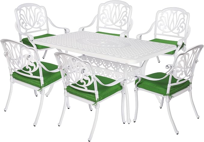 VIVIJASON 7-Piece Patio Furniture Dining Set, All-Weather Cast Aluminum Outdoor Conversation Set, Include 6 Cushioned Chairs and a Rectangle Table with Umbrella Hole for Lawn Garden Backyard, White