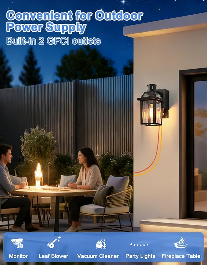 Porch Light with GFCI Outlet and Remote, Motion Sensor, Black, 1 Pack | Dusk to Dawn Motion Sensor Outdoor Light 4 Lighting Modes Exterior Fixture Outside Lights for Porch Garage House