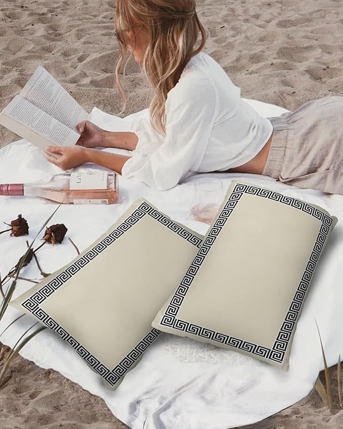Prime Leader Outdoor Waterproof Pillow Covers Set of 2, Chinese Style Pattern Khaki Background Patio Throw Pillow Covers, Decorative Cushion Case for Couch Sofa Furniture Garden, 20x12 Inch
