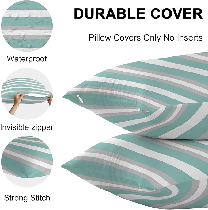 Aqua Grey Stripe Outdoor Pillow Covers Waterproof, All Weather Cushion Case Set of 2, Minimalist Farmhouse Striped Decorative Pillowcases for Sofa Couch Bed Decor Patio Furniture 18"x18"