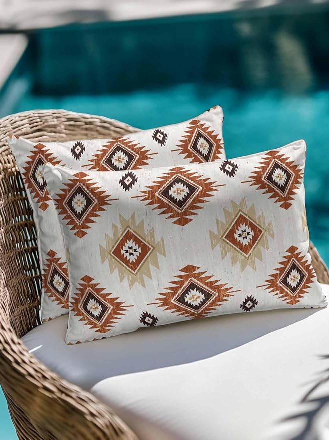Waterproof Outdoor Pillow 1 Pack Orange Boho Aztec Decorative Throw Pillows Cover & Insert 20x12 Inch Lumbar Pillowcase Southwest Tribal Style Pillows for Couch Sofa Bed Patio Furniture Indoor Outdoor