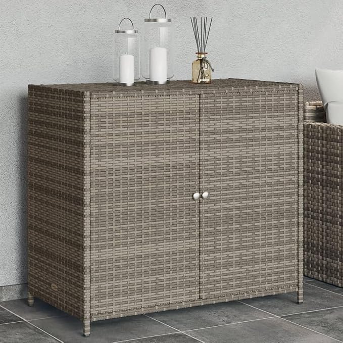 Outdoor Storage Cabinet Gray 32.7"x17.7"x29.9" PE Rattan Patio Furniture Deck Box with Steel Frame for Pool Toys, Gardening Tools, Porch Decor