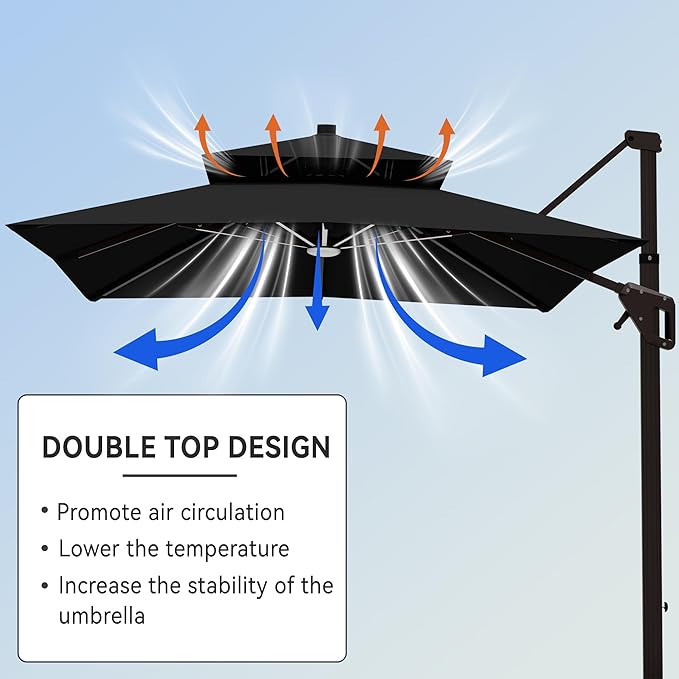 10' X 13' Cantilever Patio Umbrella with Led Lights Double Top Rectangular Outdoor Large Offset Umbrellas with 7 Tilts Adjustable 360°Rotation for Deck Pool Garden Backyard, Black