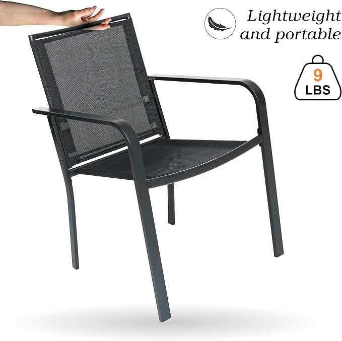 Anmutig 3-Piece Outdoor Dining Set, Powder Coated Steel Table with 2 Stackable Sling Chairs, 27.5 x 27.5 Inch Square Table, Black Fabric