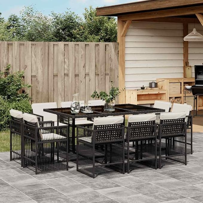 11 Piece Garden Dining Set, 10 Seater Outdoor PE Rattan Dining Table and Chairs with Washable Cushions, Space Saving Furniture Set for Patio Terrace and Backyard, Black and Cream