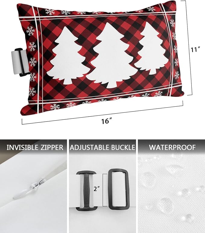 Outdoor Pillows Covers with Inserts Christmas Tree Snowflake Red and Black Plaid Waterproof Recliner Pillow with Adjustable Strap Throw Pillows for Patio Furniture Pool Lounge Chair, 11x16 inch, 1PCS