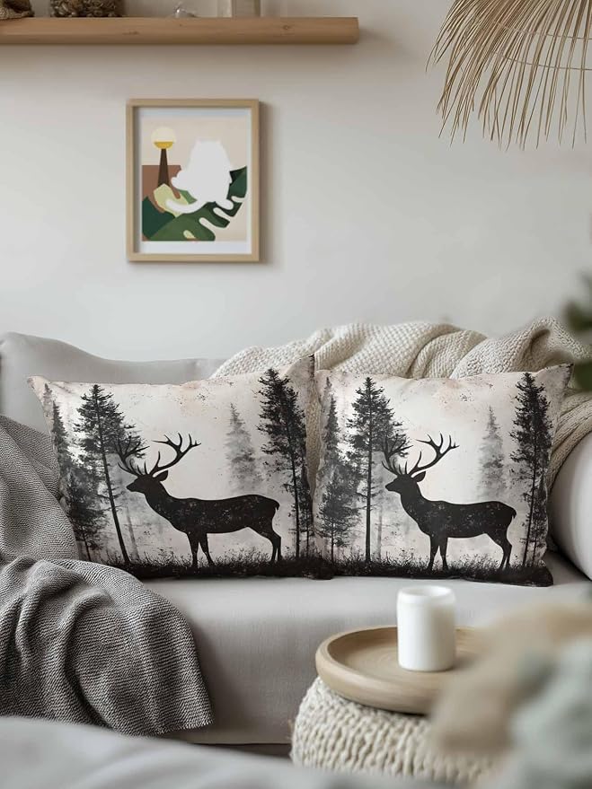 Outdoor Pillows Waterproof, Forest Deer Bedding Throw Pillows with Insert for Couch Sofa Bed, Rustic Country Wildlife Woodland Black Beige 18x18 Inch Pillowcases Camping Patio Pillow Set of 2