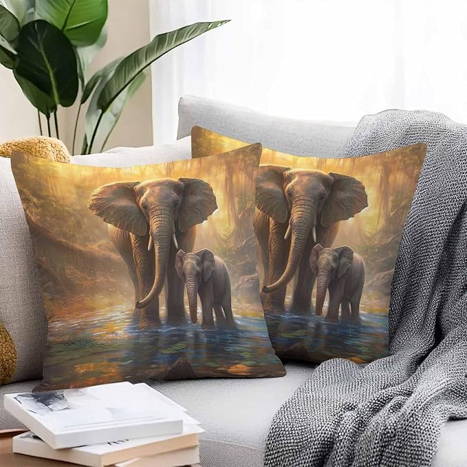 Elephant Outdoor Pillow Covers Pack of 2 Animal Forest River Yellow Oil Painting Waterproof Throw Pillow Covers Decorative Cushion Cases for Patio Garden Tent Balcony Couch 26x26 inch