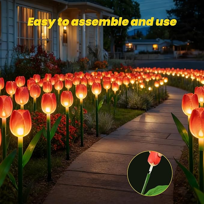 Solar Garden Lights Outdoor - Upgraded Brighter Tulip Lights with 6Pack Realistic Solar Flower,IP65 Waterproof Outdoor Garden Decor for Yard Lawn Pathway,Gift for Mom Women,Red