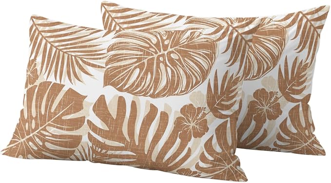 Brown Palm Leaves Outdoor Pillow Covers 20"x12" Set of 2, Tropical Botanical Minimalist Modern Waterproof Throw Pillow Covers for Patio Furniture, Decorative Cushion Covers for Porch