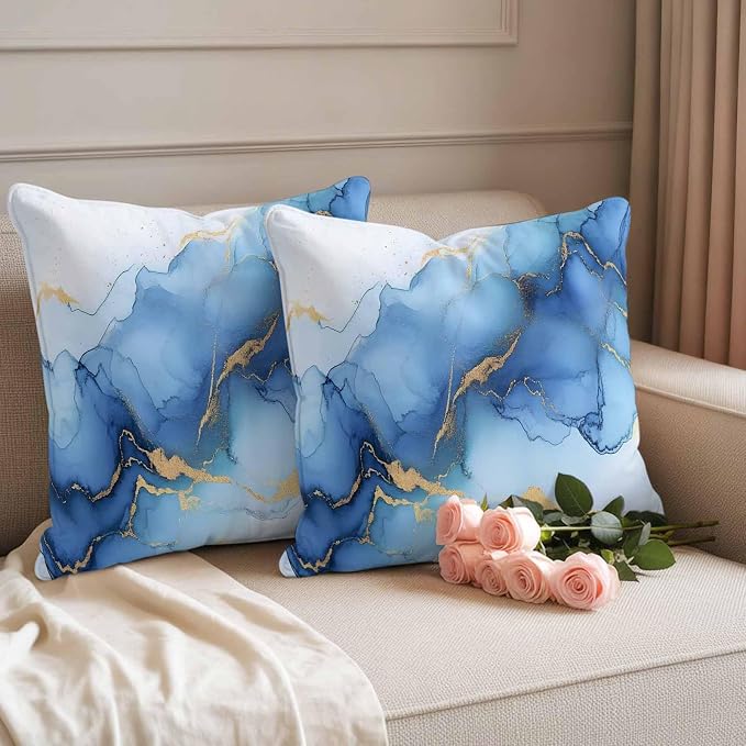 Abstract Marble Texture Outdoor Waterproof Throw Pillow Covers Set of 2, 16"x16", Gold Blue Gradient Modern Art Decoration Decorative Pillow Covers Outside Cushion Case for Patio Porch Garden