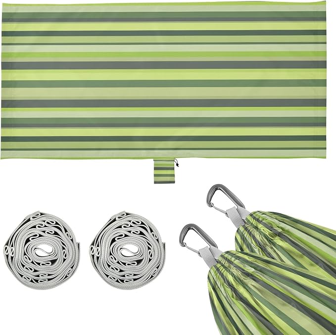 Camping Hammock Outdoor Hammocks for Outside Green Gray Stripe Beach Trees Portable Lightweight with Pockets Tree Straps Indoor