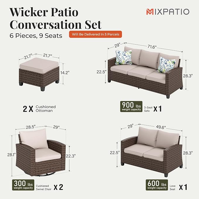 MIXPATIO OutdoorPatio Furniture Set, 6 Pcs Wicker Patio Conversation Set, 2 x Swivel Chairs, 1 x 3 Seater Sofa, 1 x 2-Seat Lover Sofa and 2 x Ottomans with 4" Thick Cushion, Beige