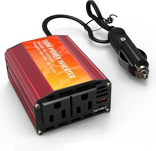 150W Power Inverter 12V DC to 110V AC Car Plug in Adapter Outlet with 2 AC Outlets, Type-C, USB Port Cigarette Lighter Adapter for Phone, Laptop and Small Devices on Road Trip