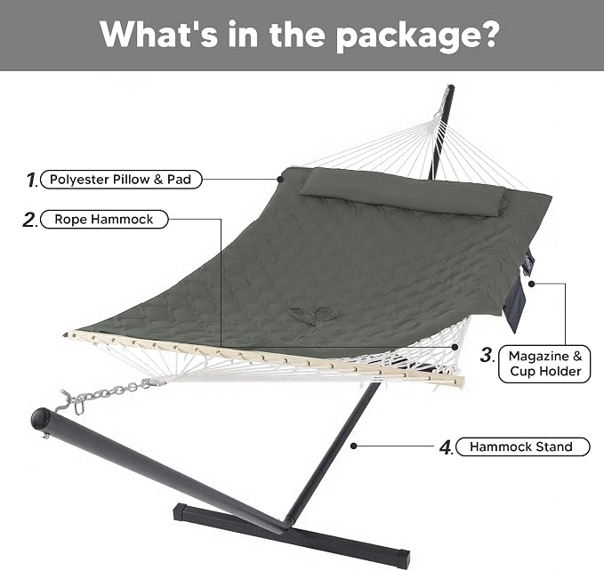 SUNCREAT Patio Portable Hammock with Stand, Carrying Bag, Outdoor Double Hammock with Stand Included, Gray Green Drops
