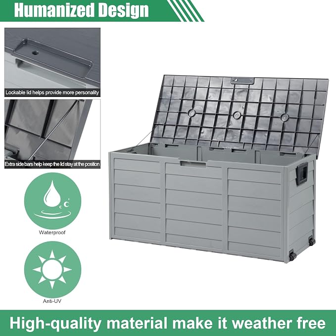 VINGLI 75 Gallon Outdoor Storage Box, Patio Deck Box Furniture with Rolling Wheels, Plastic Storage Containers with Lockable Design, For Garden, Yard, Balcony (Grey)