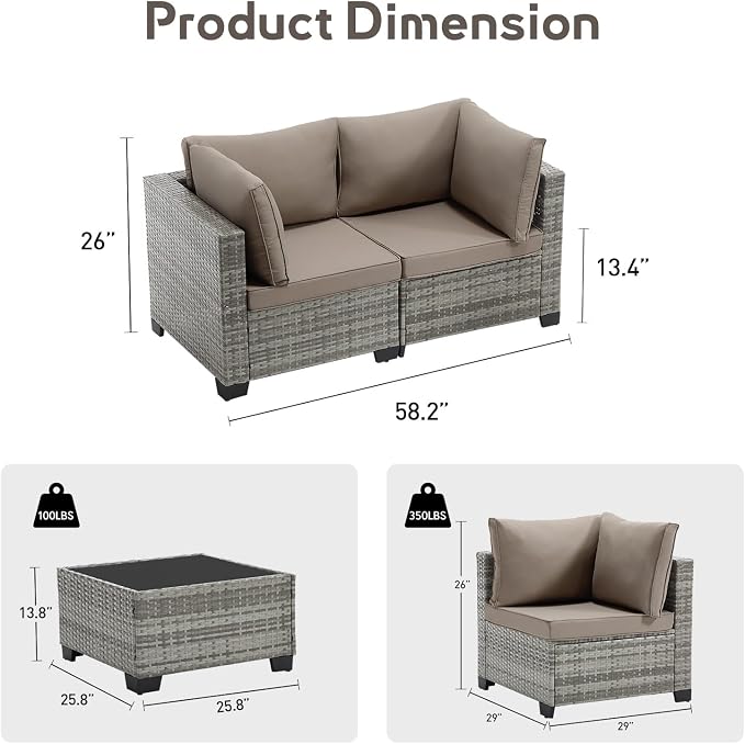 Bonzy Home 3 Pieces Outdoor Patio Furniture Set, PE Rattan Outdoor Sectional Furniture Sofa Set with Removable Cover and Glass Coffee Table, Patio Sofa for Balcony, Porch, Garden, (Grey-Khaki)