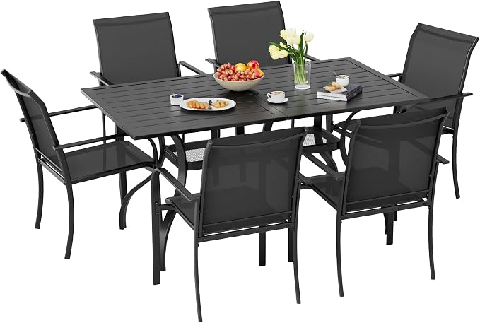 7-Piece Patio Dining Set,6 Person Outdoor Table and Chairs Set, 6 Metal Dining Chairs and Rectangular Outdoor Table with 1.57" Umbrella Hole,Black