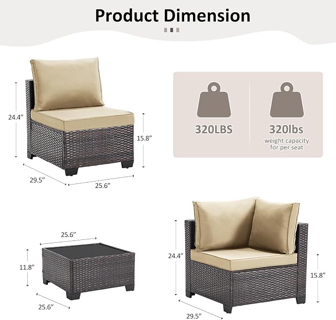 ANJ 7 Piece Outdoor Wicker Patio Furniture Set, Modular Loveseat Sofa with with Glass Top Coffee Table, All-Weather Rattan Conversation Couch Set for Balcony, Backyard, Dark Brown Wicker-Camel