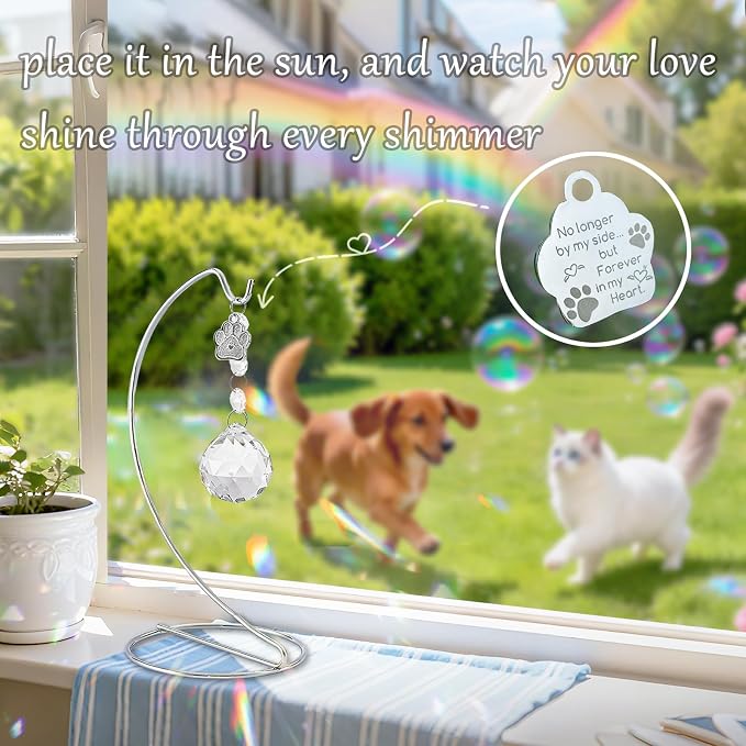 Pet Memorial Gifts for Loss of Dog,Pet Loss Sympathy Gift,Remembrance,Bereavement,40mm Crystal Suncatcher in Memory Passing Away of Dog Cats,with 9 Inch Silver Stand(Clear)