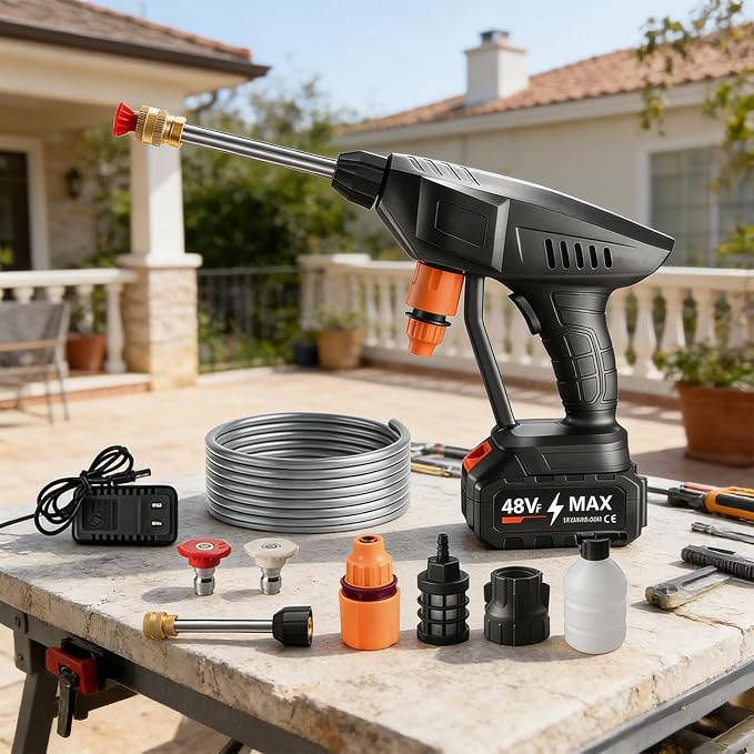 Cordless Pressure Washer Hosepipe Spray, Handheld Battery Powered Washer Kit with Nozzle and 5m/16.5ft Tube for Washing Cars/Floor/Garden Cleaning & Watering Flowers