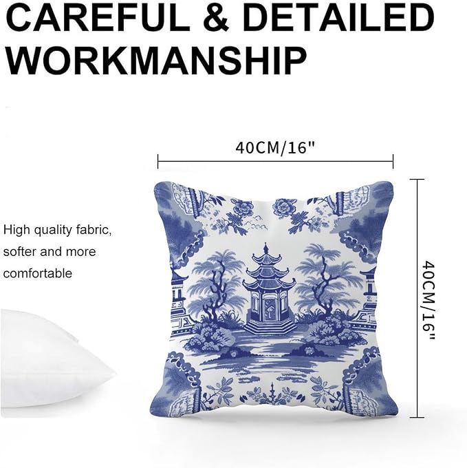 Chinoiserie Blue Asian Pagoda Cushion Cases Chinoiserie Chic Asian Throw Pillow Cover Classic Farmhouse Decor Pillow for Couch Sofa Patio 16x16 in