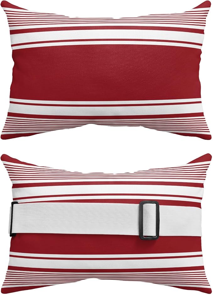 Outdoor Lumbar Pillow 11x16 Inch, Farmhouse Red Striped Waterproof Throw Pillow Covers with Insert, Modern Minimalist Stripes Decorative Chair Cushions for Patio Garden Recliner