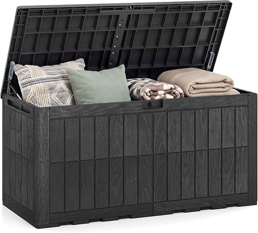 HAPPYGRILL 120 Gal Outdoor Deck Box, Lockable Storage Bin with Lid and Handles, Waterproof and Sun-Protective Patio Bench and Storage Box for Garden Tools Pool Supplies (Black, 120Gallon)