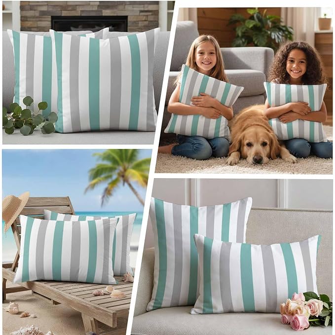 Turquoise Gray Striped Waterproof Outdoor Pillow Covers Set of 2 Home Decor, Farmhouse Stripe Art Pillowcase Patio Pillow Covers for Couch Bench Furniture Garden 18x18in