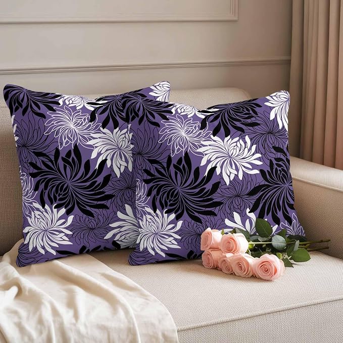 Yukro Purple Black Floral Outdoor Waterproof Pillow Covers Pack of 2, Vintage White Black Flower Purple Decorative Throw Pillowcases Cushion Covers for Garden Patio Tent Sofa Couch, 18x18 inch