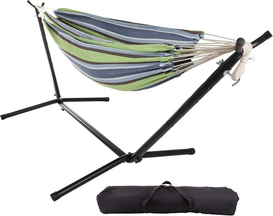 Double Brazilian Hammock with Stand Included – Woven Cotton, 2-Person, Outdoor Swing with Frame for Camping, Backyard, or Patio by Pure Garden